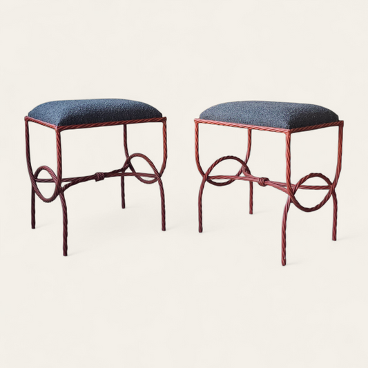 Pair Mid-20th Century American Twisted Iron Benches with Boucle Cushions