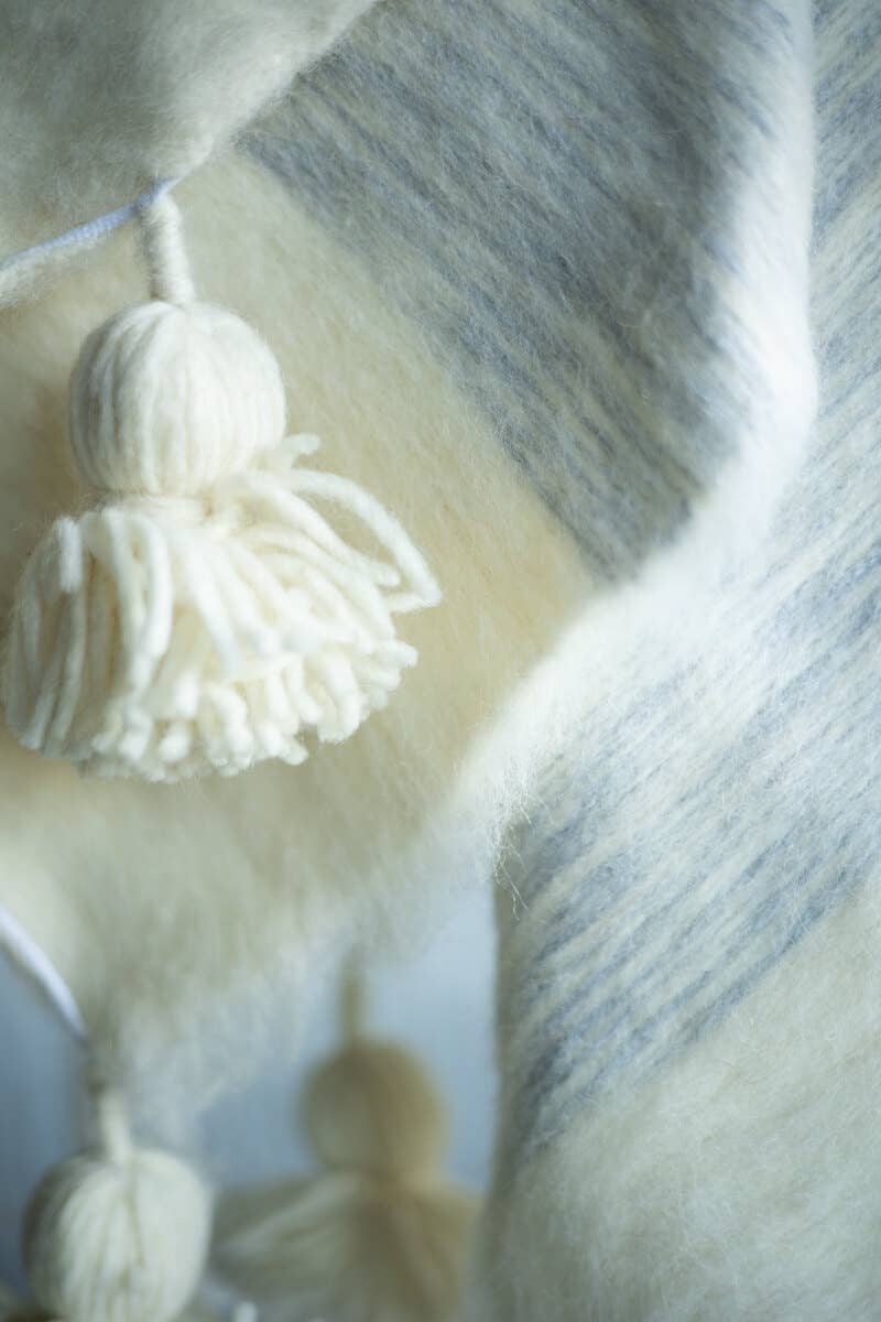 Moroccan PomPom Wool Throw Blanket - Grey + White