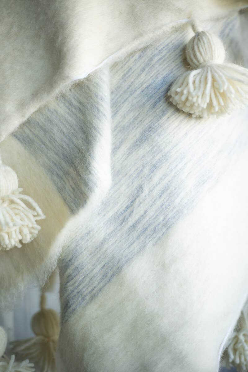 Moroccan PomPom Wool Throw Blanket - Grey + White