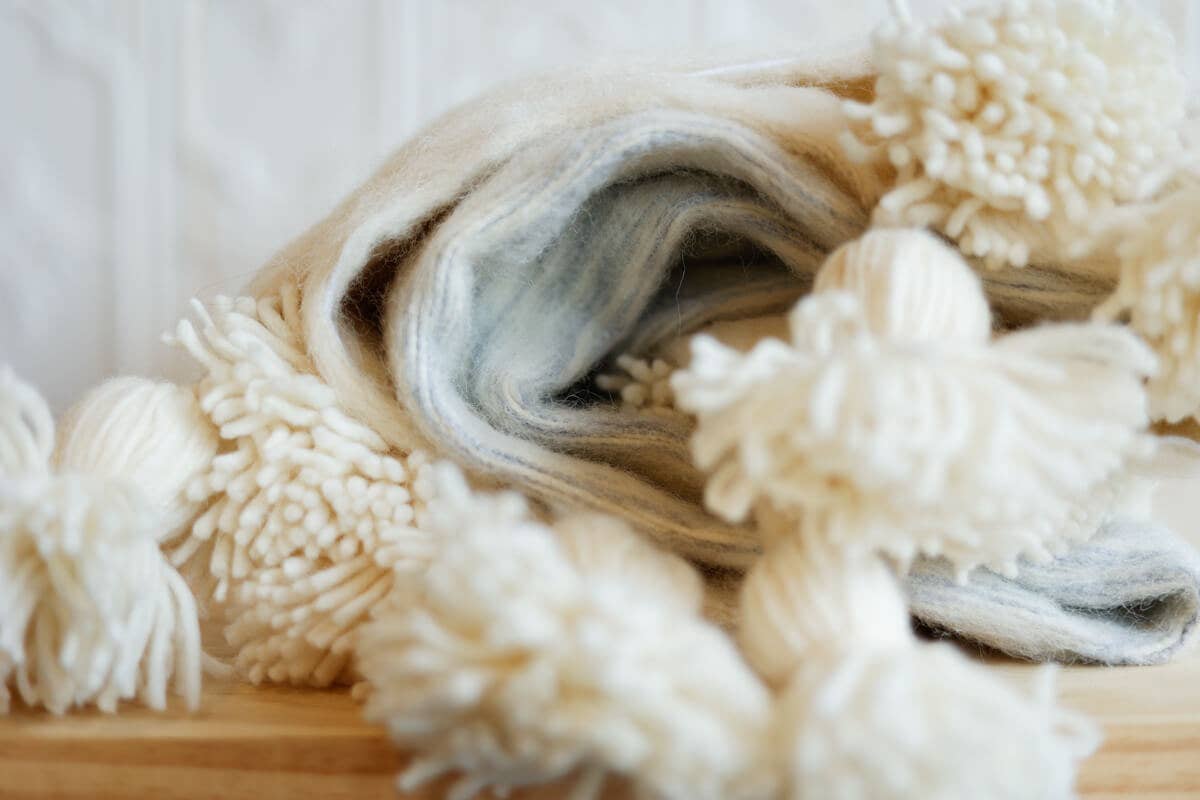 Moroccan PomPom Wool Throw Blanket - Grey + White