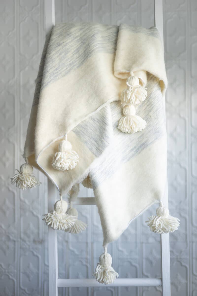 Moroccan PomPom Wool Throw Blanket - Grey + White
