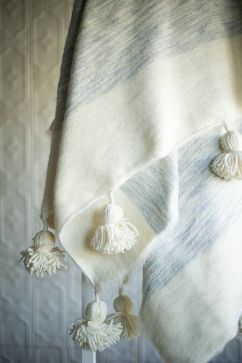 Moroccan PomPom Wool Throw Blanket - Grey + White