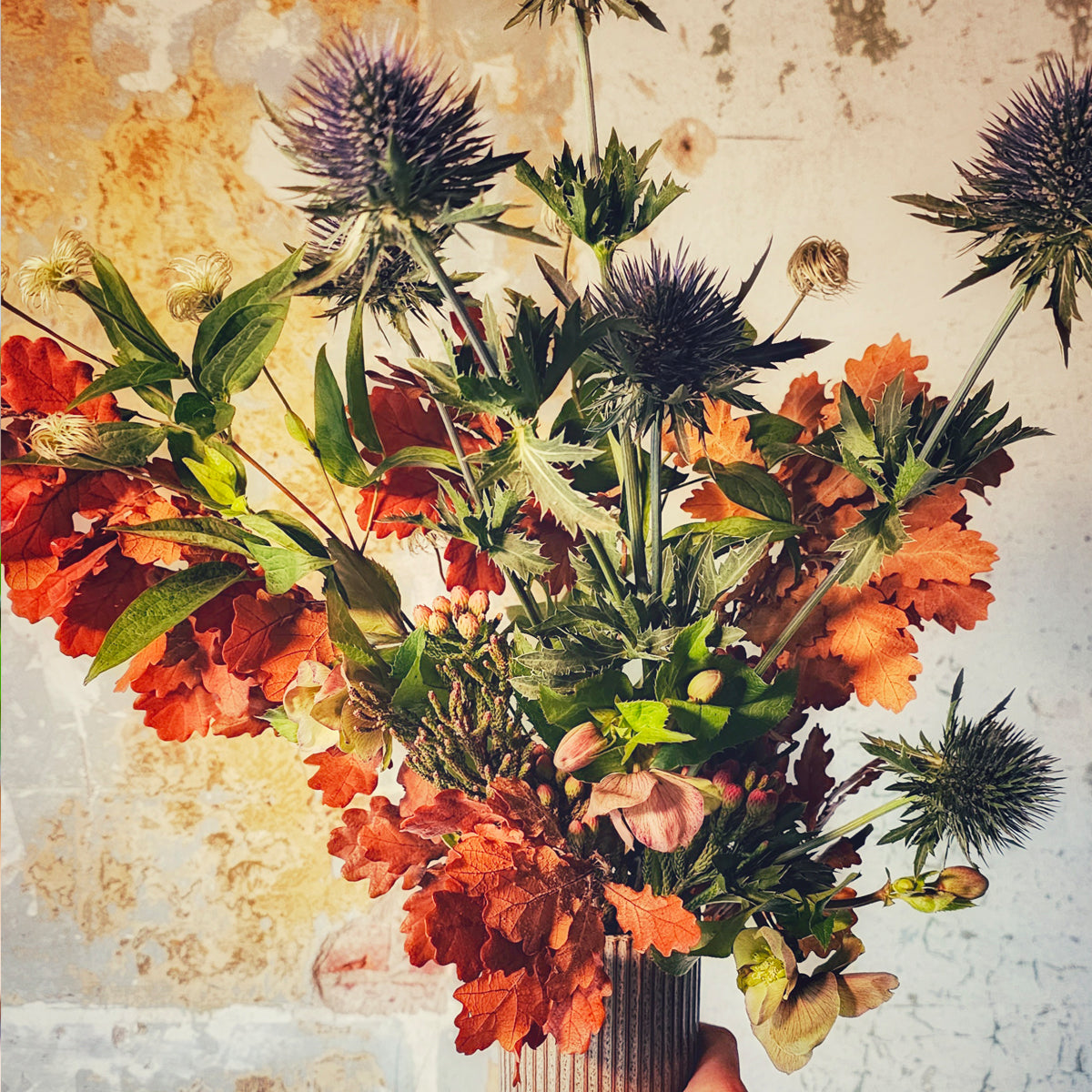 Fall Leaves & Flowers in Vessel