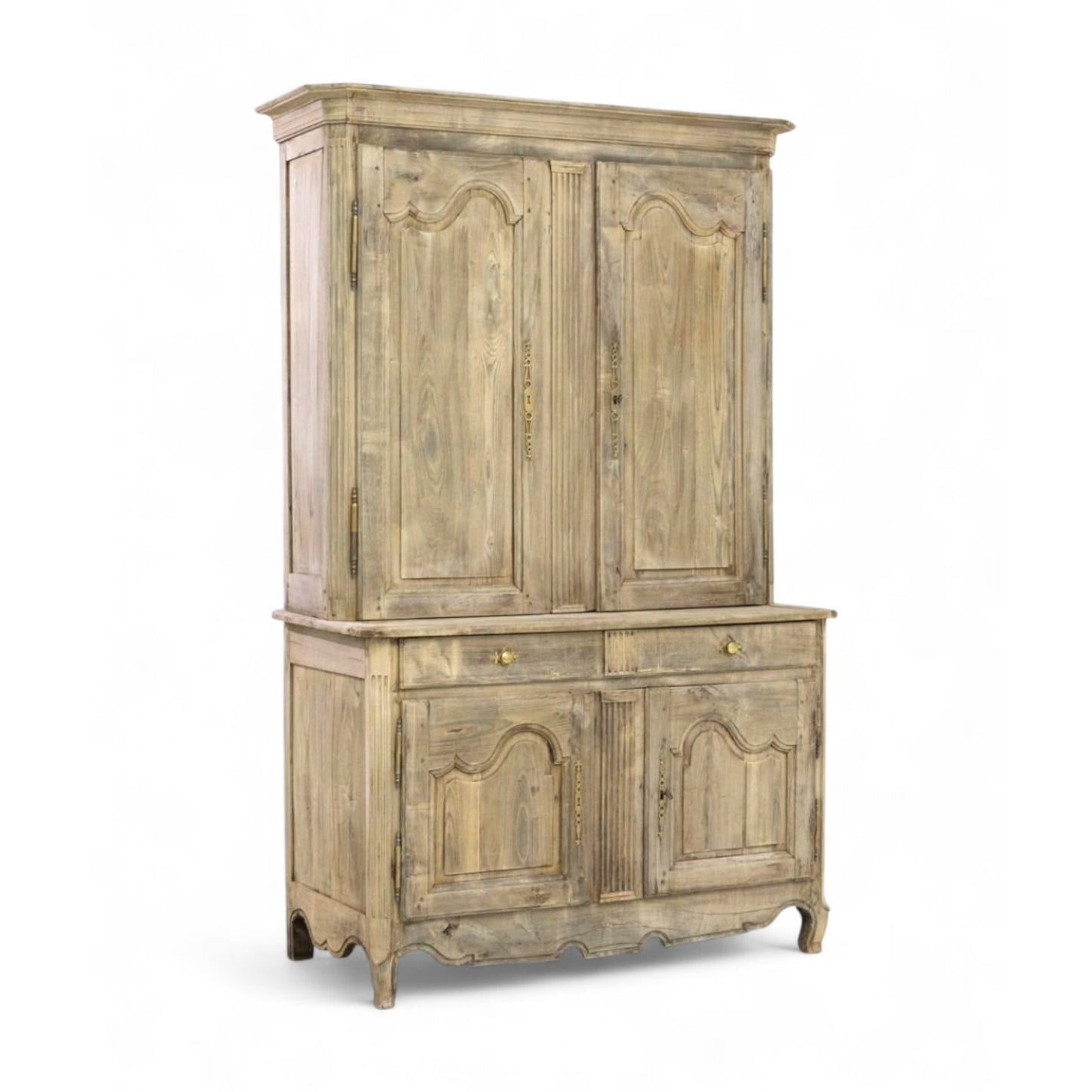 Vintage-style wooden cabinet with two upper doors and two lower cabinets on a white background