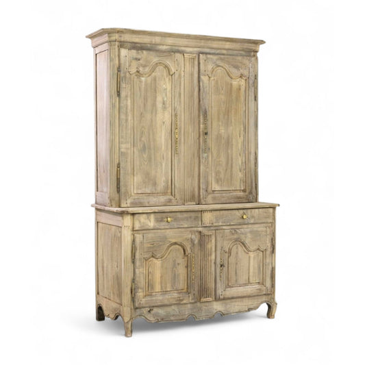 Vintage-style wooden cabinet with two upper doors and two lower cabinets on a white background