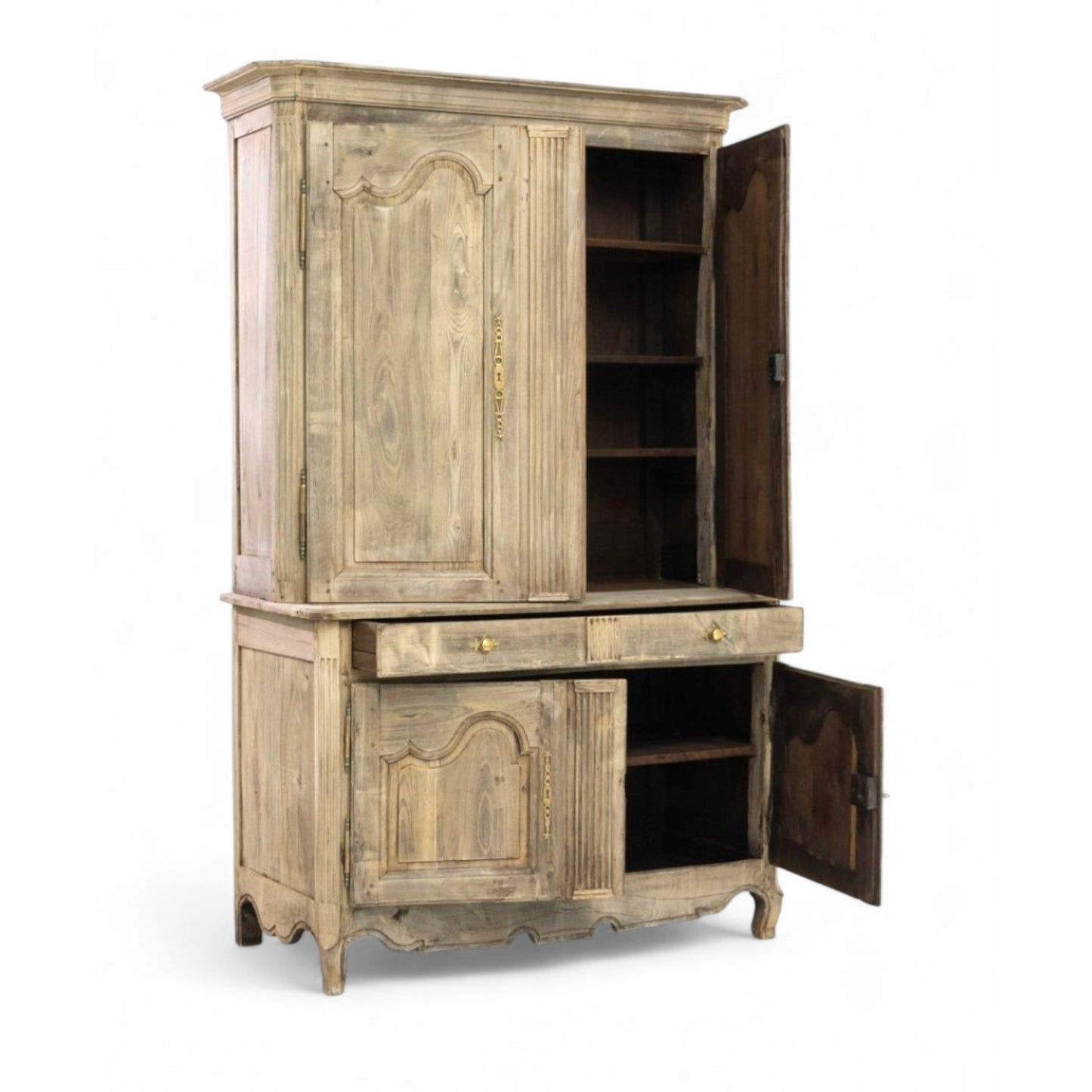 Wooden cabinet with open doors on a white background