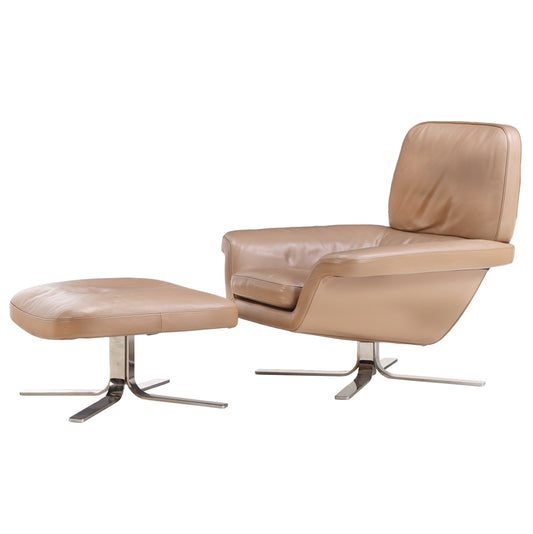 Minotti Blake Soft Chair and Ottoman, Leather with Chrome Base