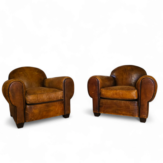 Pair of Jean De Merry Normandy Club Chairs in Distressed Leather