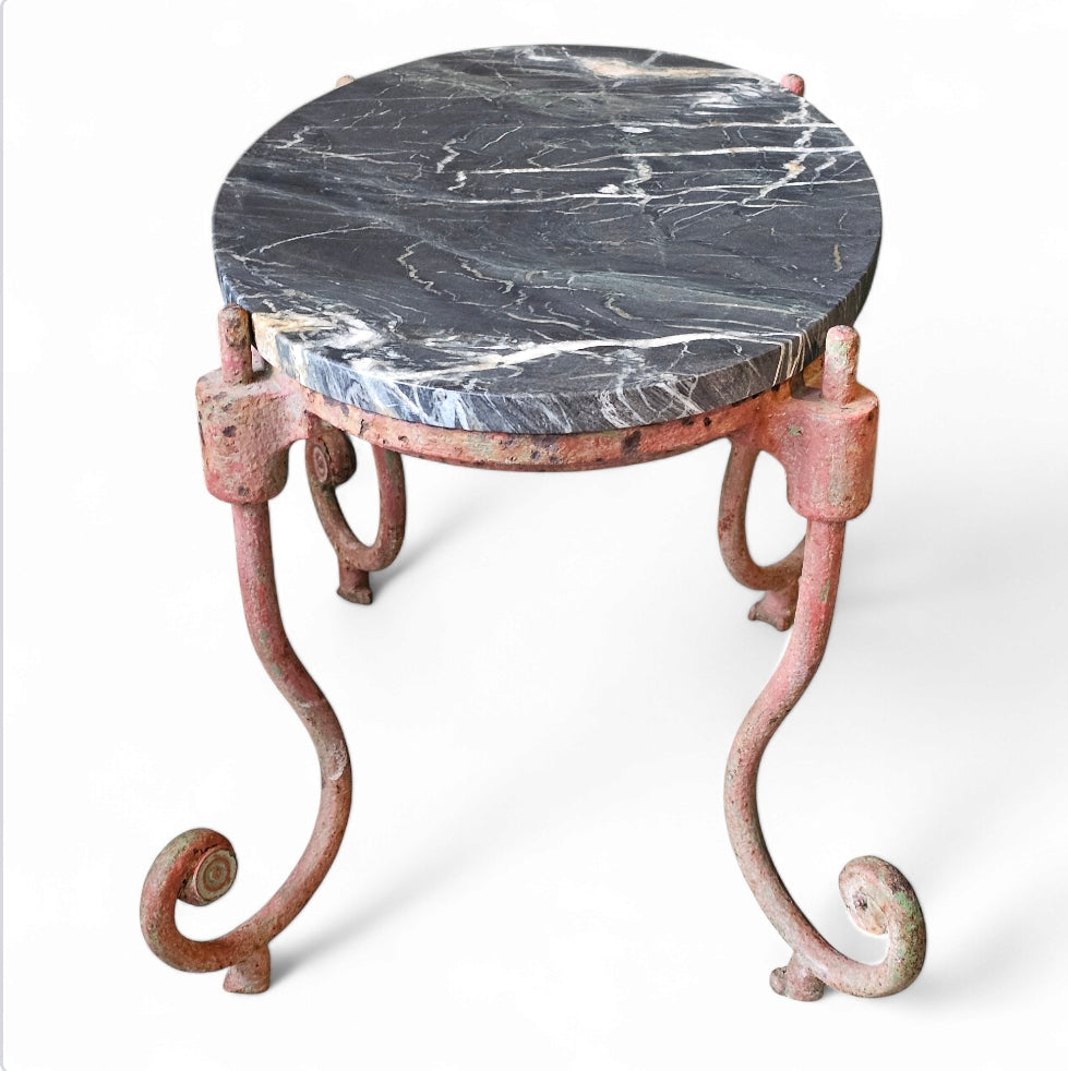 1880s American Cast Iron Side Table With Sahara Noir Marble Top