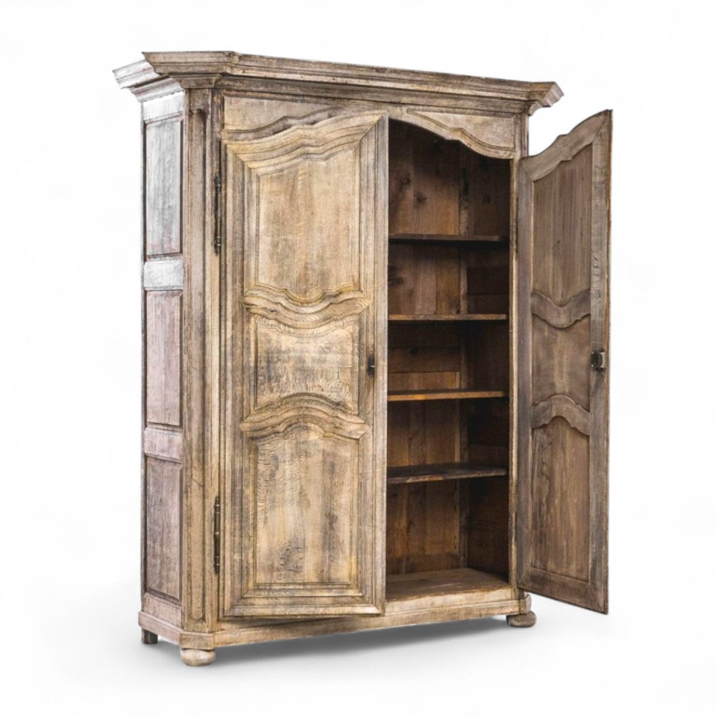 19th Century French Stripped Oak Armoire with Carved Panel Doors and Bun Feet