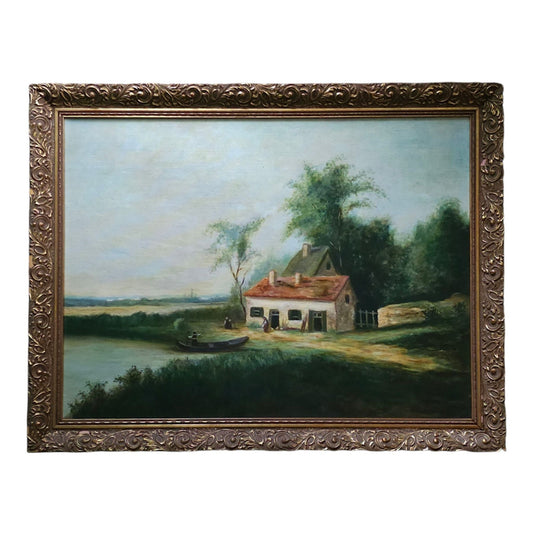 Flemish School Style, Countryside Landscape with Figures, Oil on Canvas in Gilt Frame
