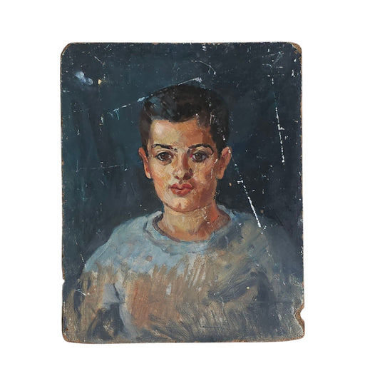 Portrait of Boy, Mid-Century Oil on Board, France
