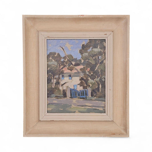 Didier Chort (French, b. 1951), White House with Blue Gate, 1987, Oil on Wood Panel, Framed in a 1940s Modernist Frame