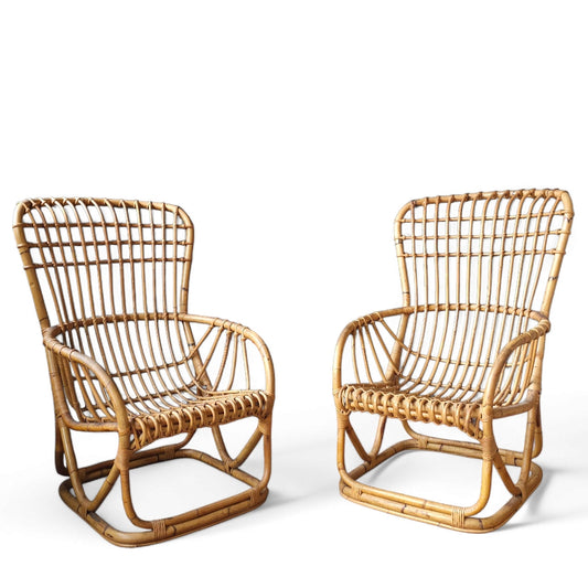 Pair of Rattan Lounge Chairs Attributed to Tito Agnoli