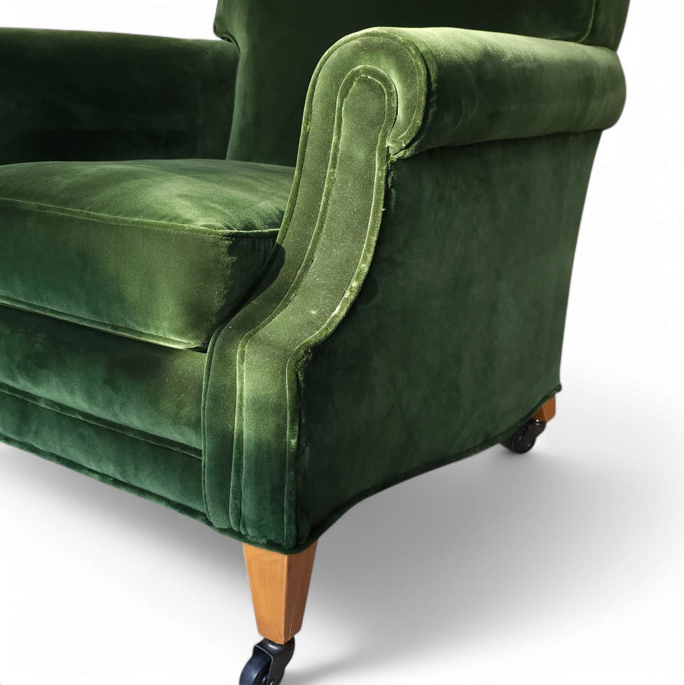 Handcrafted British Rolled Arm Club Chair in Green Velvet