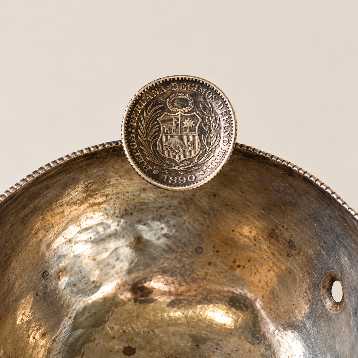 Antique Peruvian Coin-Mounted Silver Wine Tasting Cup