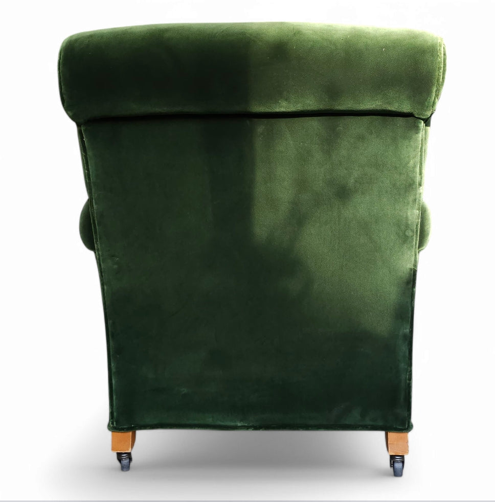 Handcrafted British Rolled Arm Club Chair in Green Velvet