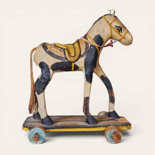 Circa 1900 Folk Art Pull Toy Horse in Painted Wood & Papier-Mâché