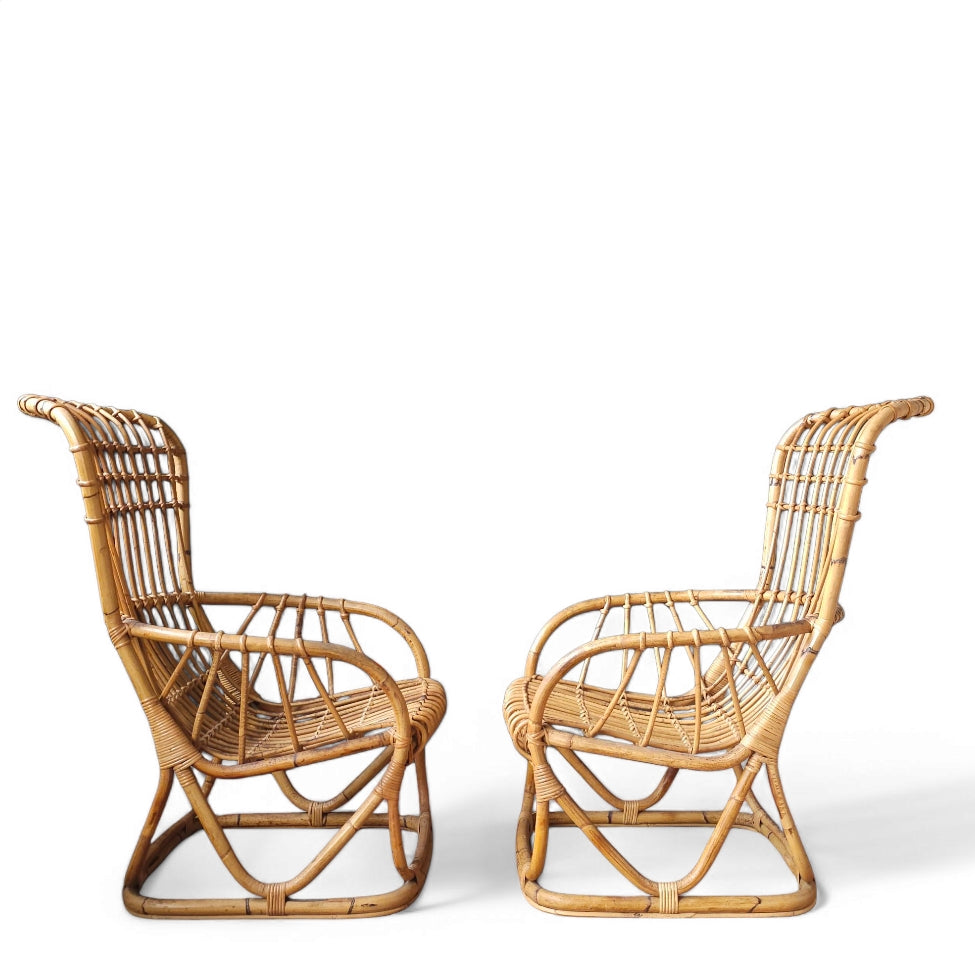 Pair of Rattan Lounge Chairs Attributed to Tito Agnoli