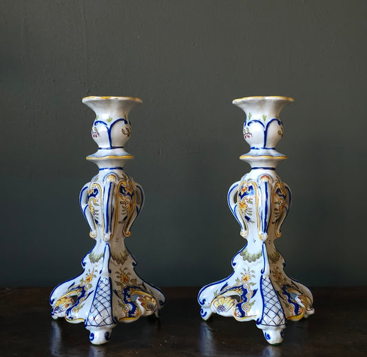 Pair of Hand-Painted French Desvres Faience Candlesticks – Circa 1890–1920