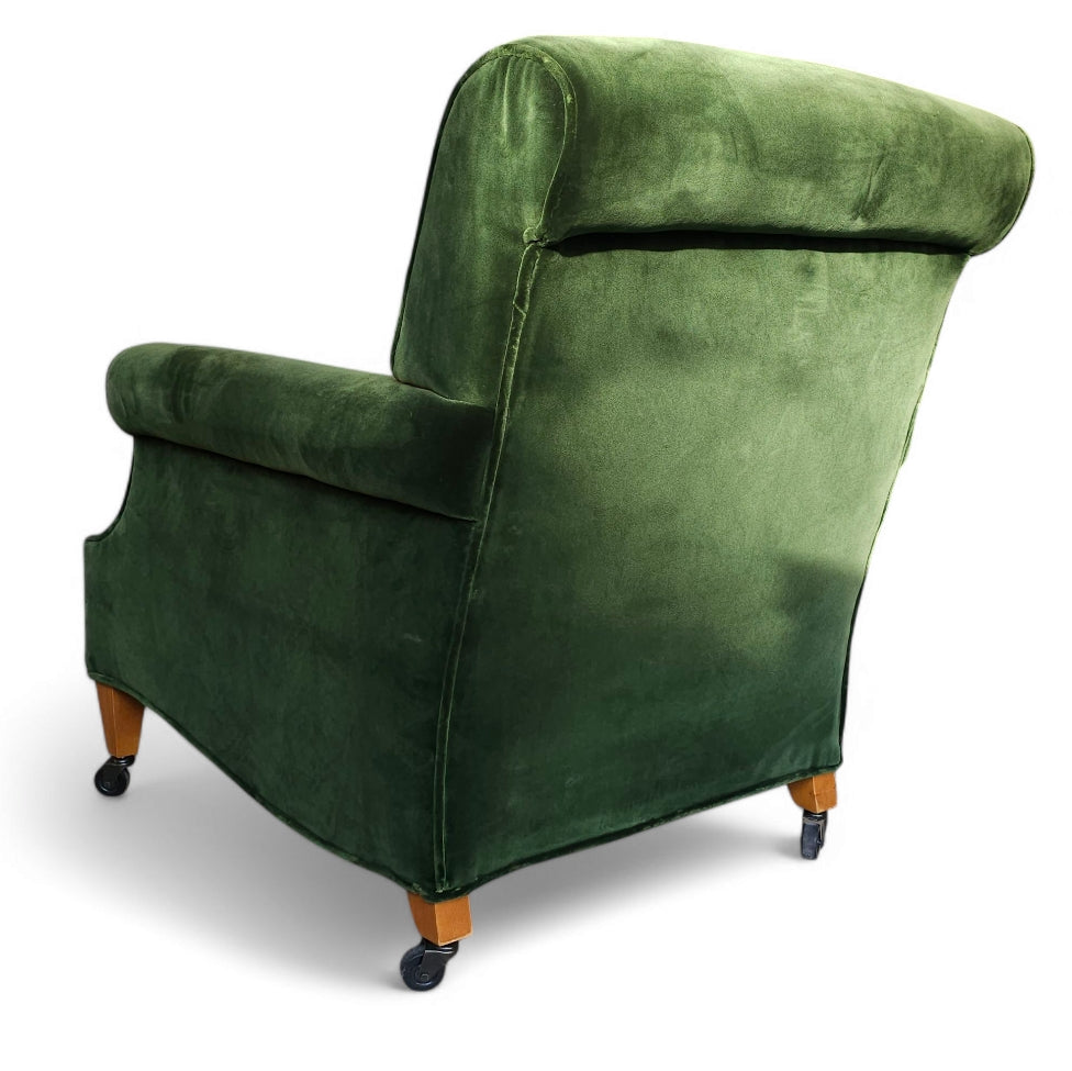 Handcrafted British Rolled Arm Club Chair in Green Velvet