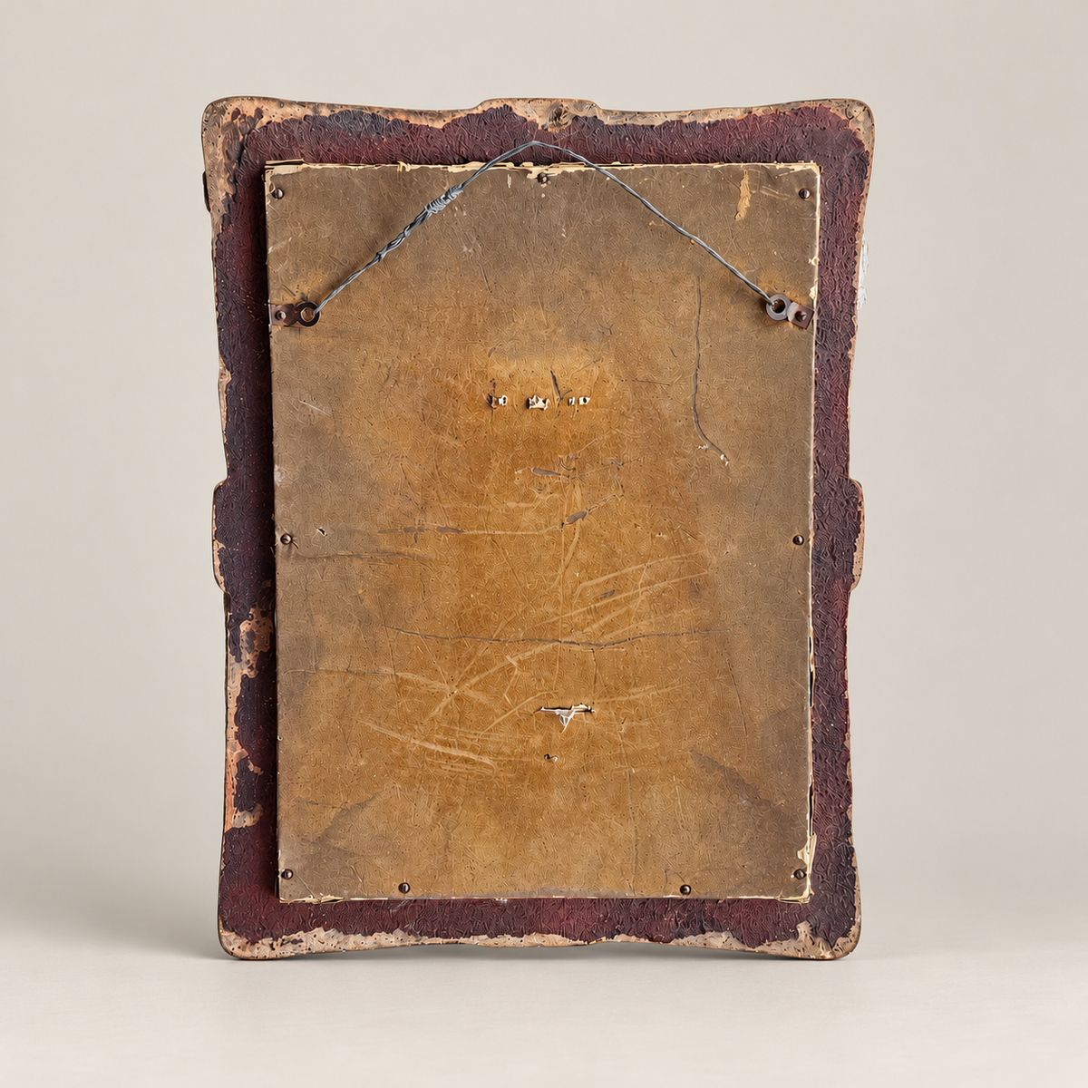 Oceanic-Style Hand-Carved Wood Mirror with Red Lacquer