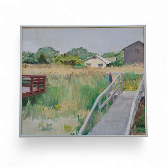 Late 20th Century Coastal Boardwalk Oil Painting, Framed