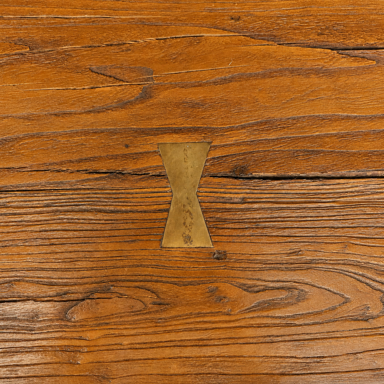1970s Belgian Style Reclaimed Wood Console Table with Brass Butterfly Key Inlays