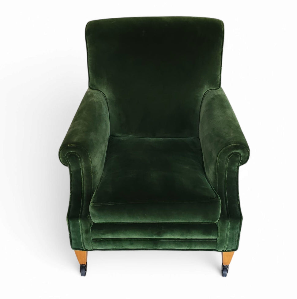 Handcrafted British Rolled Arm Club Chair in Green Velvet