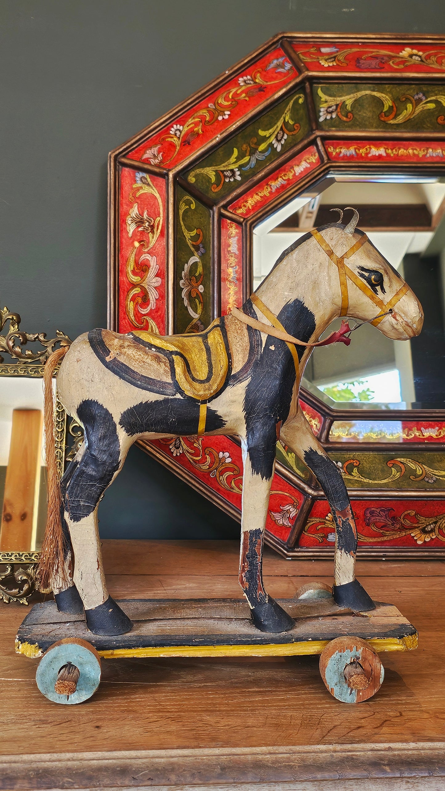 Circa 1900 Folk Art Pull Toy Horse in Painted Wood & Papier-Mâché
