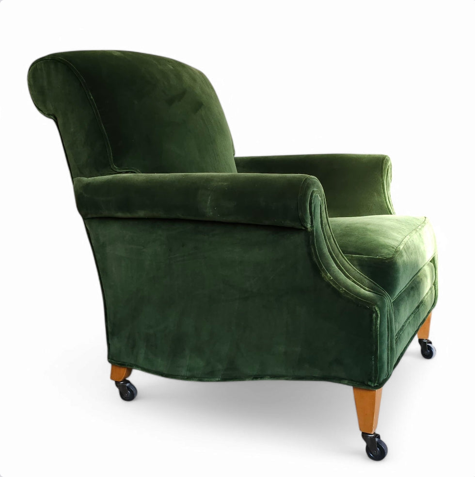 Handcrafted British Rolled Arm Club Chair in Green Velvet