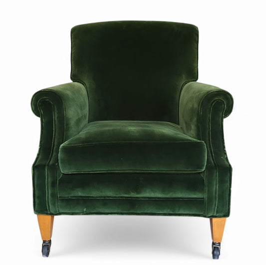 Handcrafted British Rolled Arm Club Chair in Green Velvet