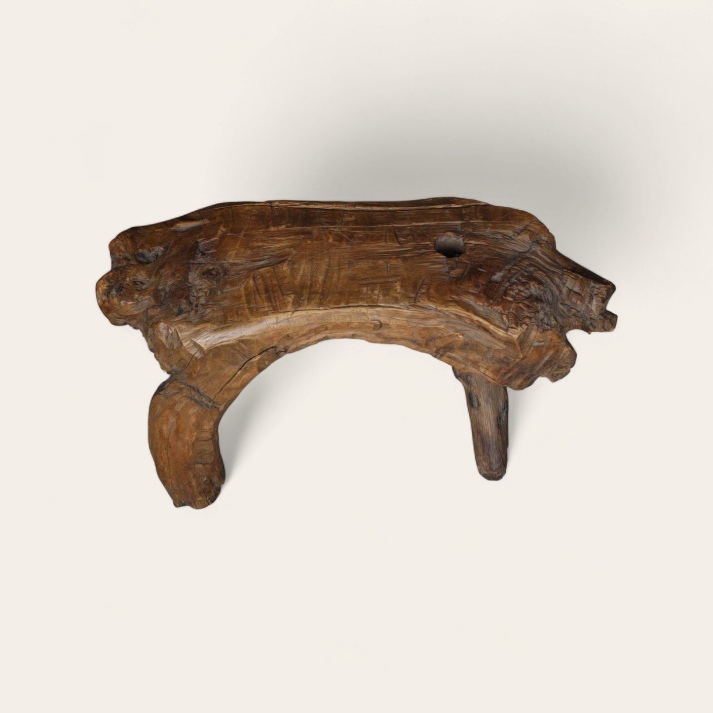 20th Century Folk Art Carved Wood Root-Form Stool with Peg Joinery