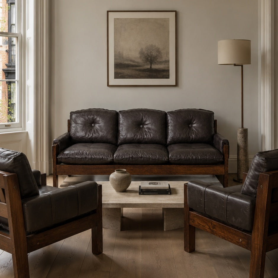 1970s Danish Modern Oak & Leather Three-Piece Living Room Suite in the Style of Esko Pajamies' Bonanza Collection