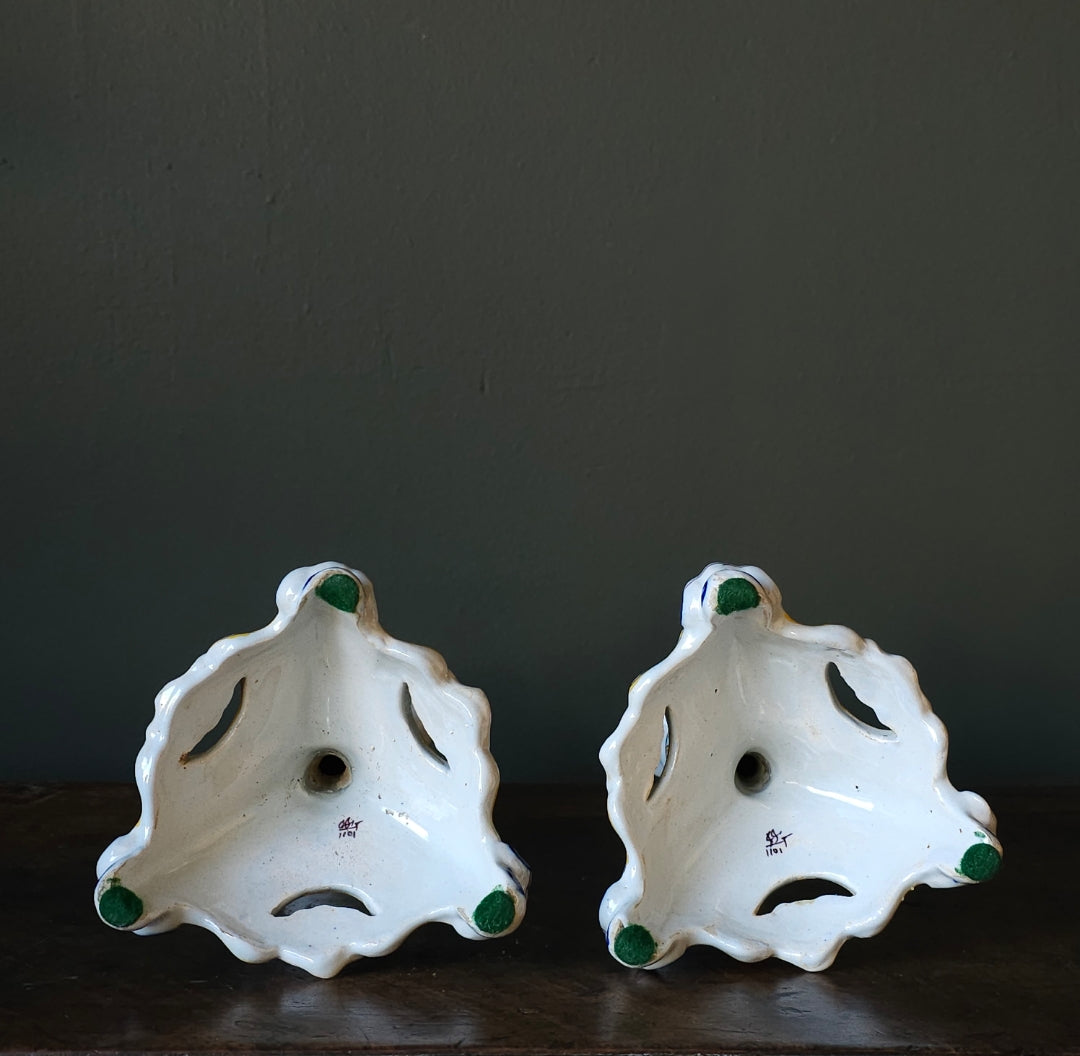Pair of French Desvres Faience Candlesticks