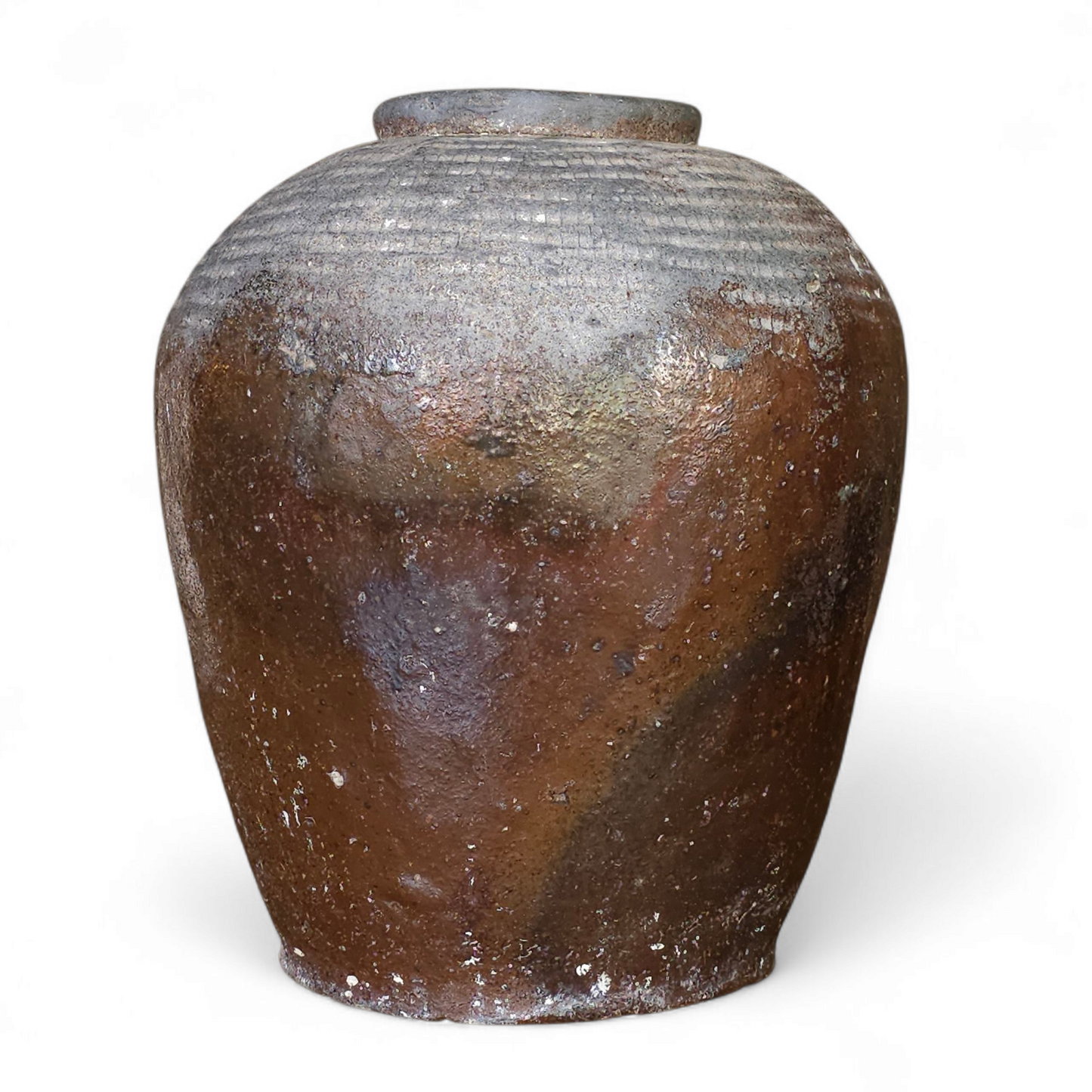 Vintage Stoneware Vessel with Ribbed Shoulder and Smoke-Fired Glaze