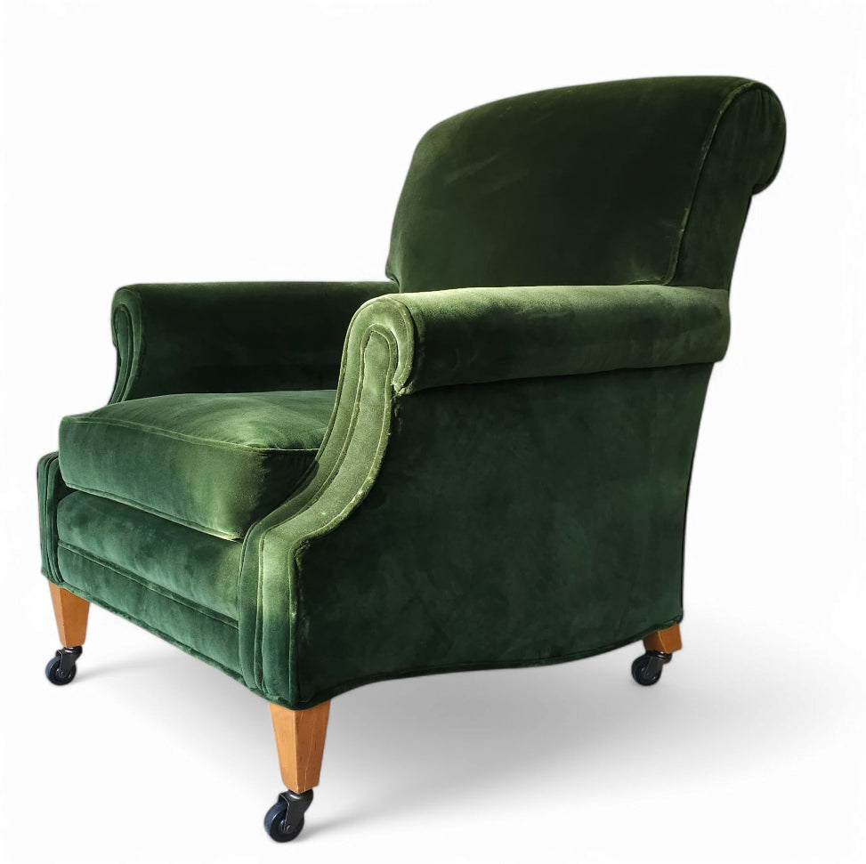 Handcrafted British Rolled Arm Club Chair in Green Velvet