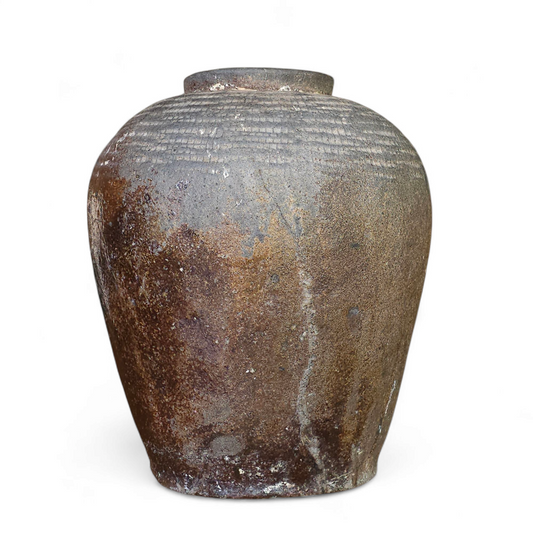 Vintage Stoneware Vessel with Ribbed Shoulder and Smoke-Fired Glaze