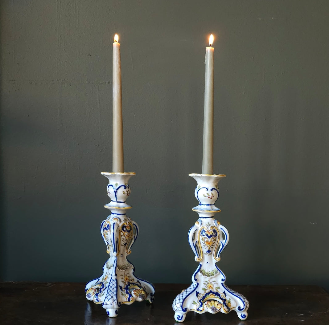 Pair of French Desvres Faience Candlesticks