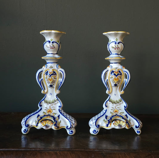 Pair of Hand-Painted French Desvres Faience Candlesticks – Circa 1890–1920