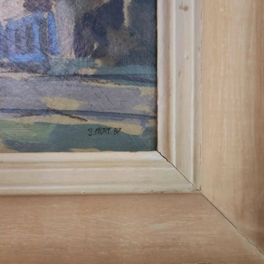 Didier Chort (French, b. 1951), White House with Blue Gate, 1987, Oil on Wood Panel, Framed in a 1940s Modernist Frame