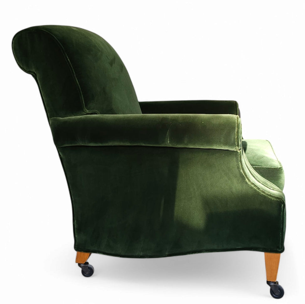 Handcrafted British Rolled Arm Club Chair in Green Velvet