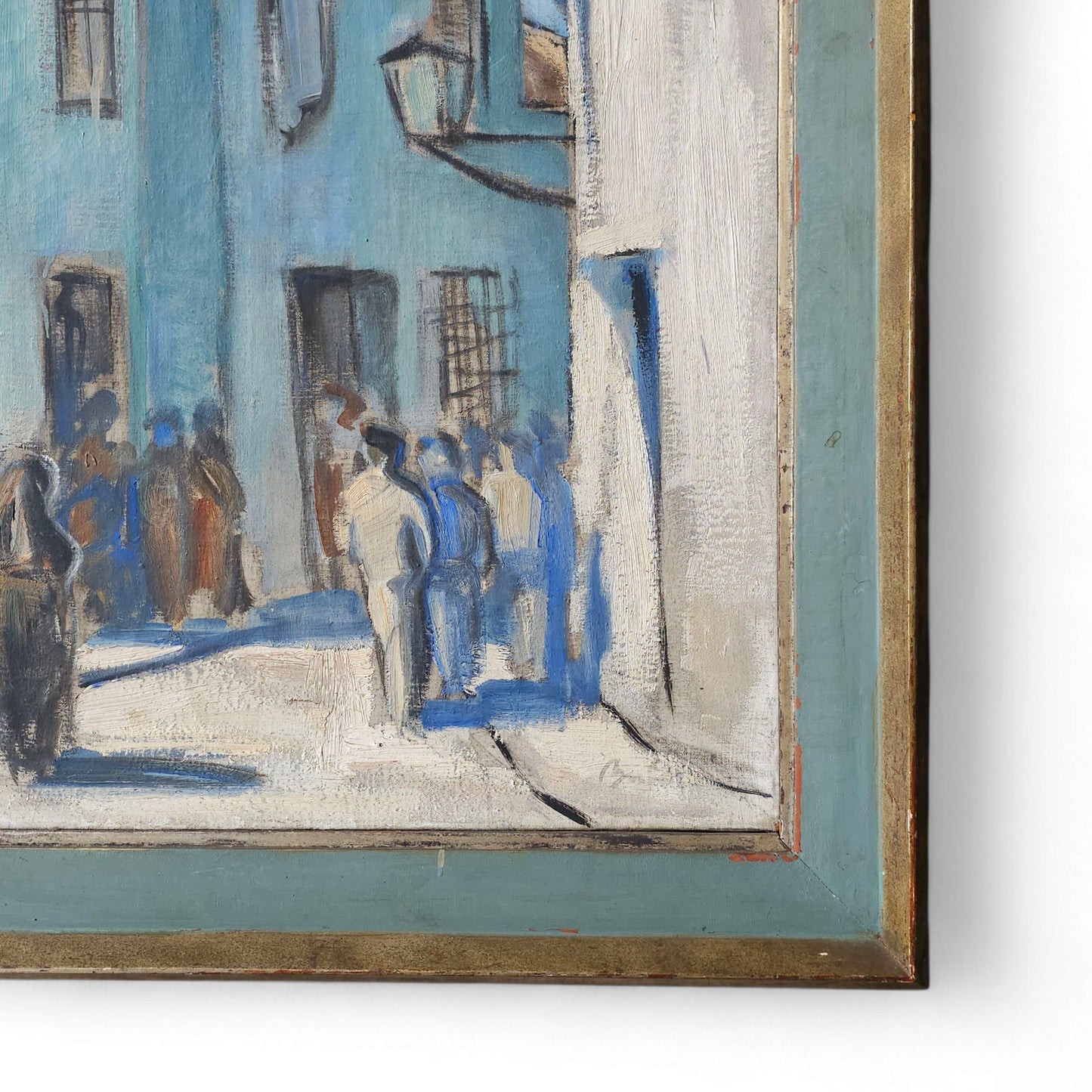 European School Streetscape, Oil on Canvas, Framed, detail close up