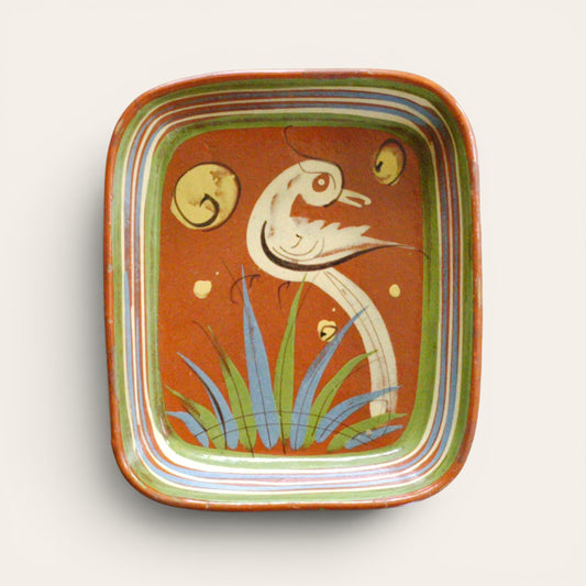 1930s–1940s Mexican Tlaquepaque Pottery Tray with Bird Motif