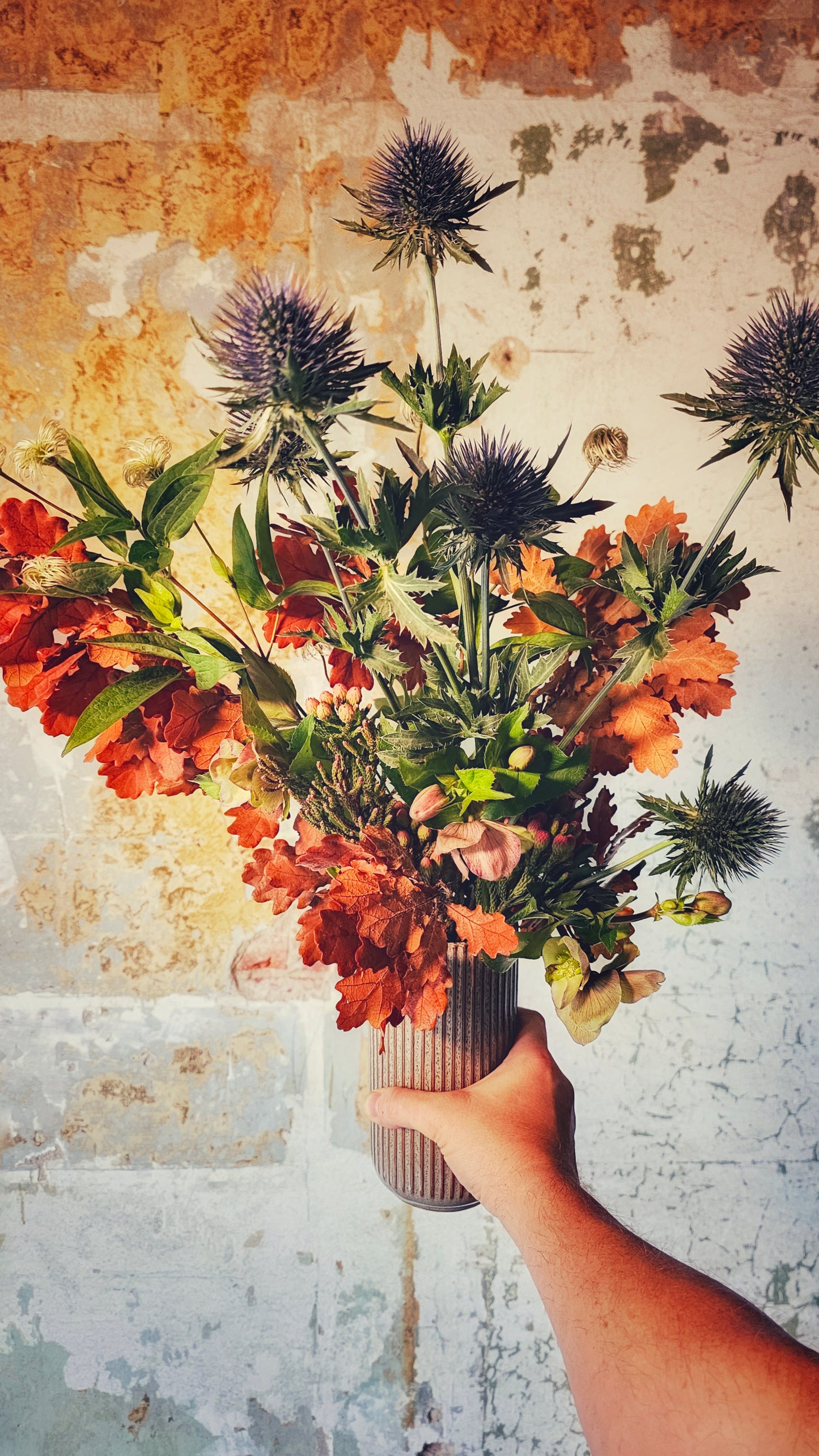 Fall Leaves & Flowers in Vessel