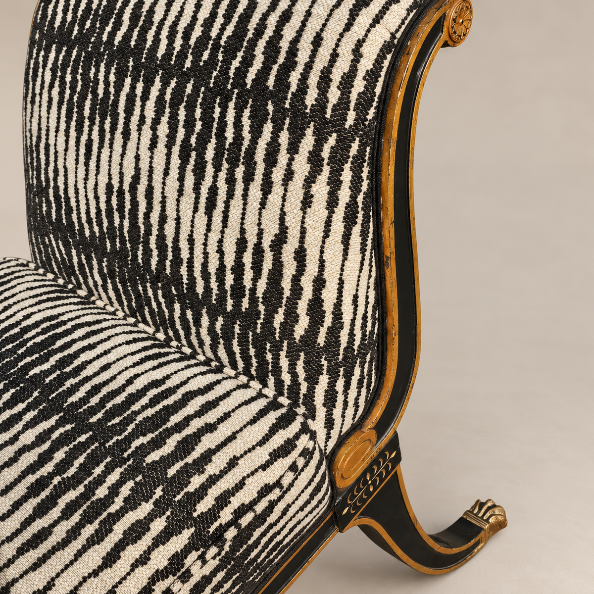 Maison Jansen–Style Neoclassical Ebonized and Gilt Window Settee in Castel Baobab Fabric