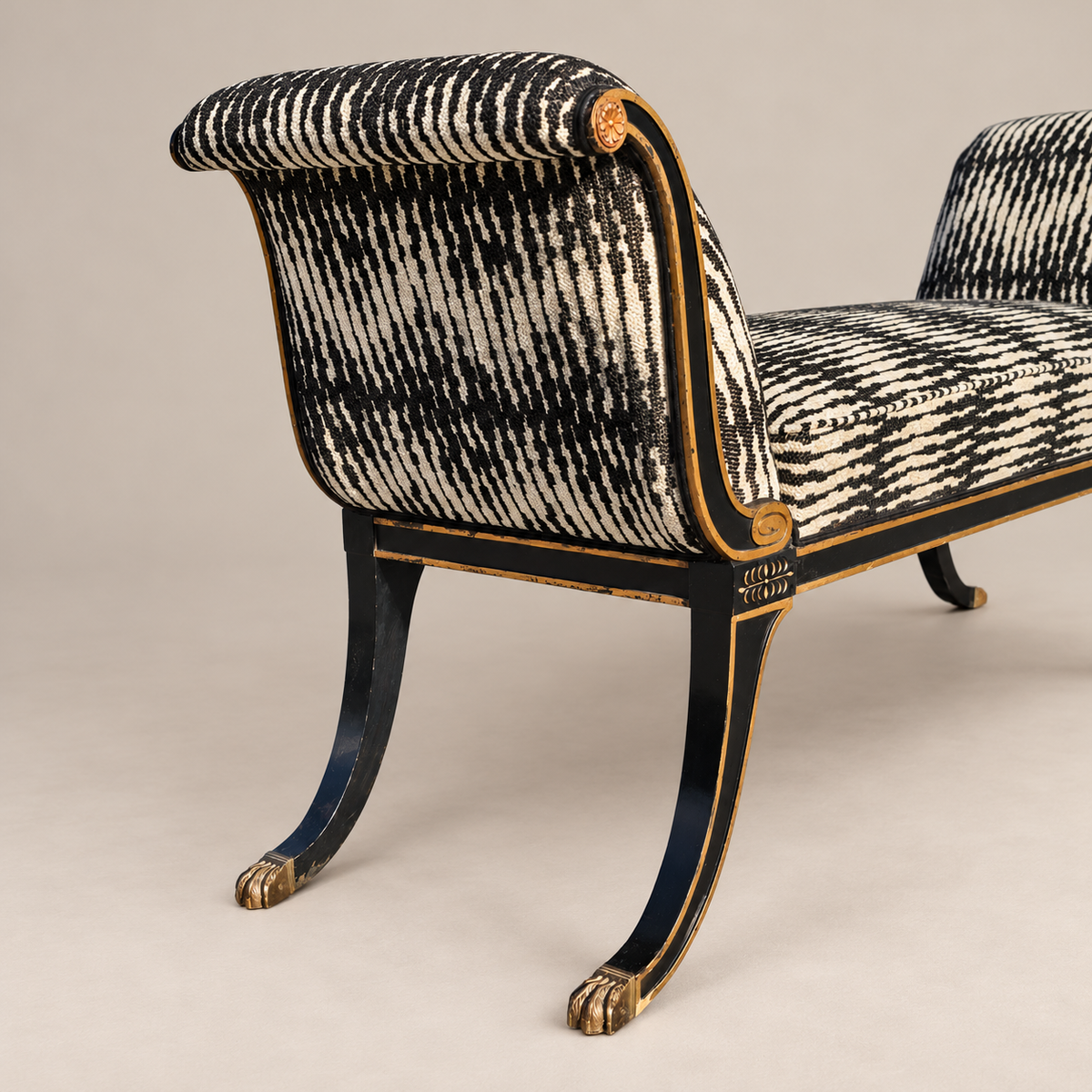 Maison Jansen–Style Neoclassical Ebonized and Gilt Window Settee in Castel Baobab Fabric