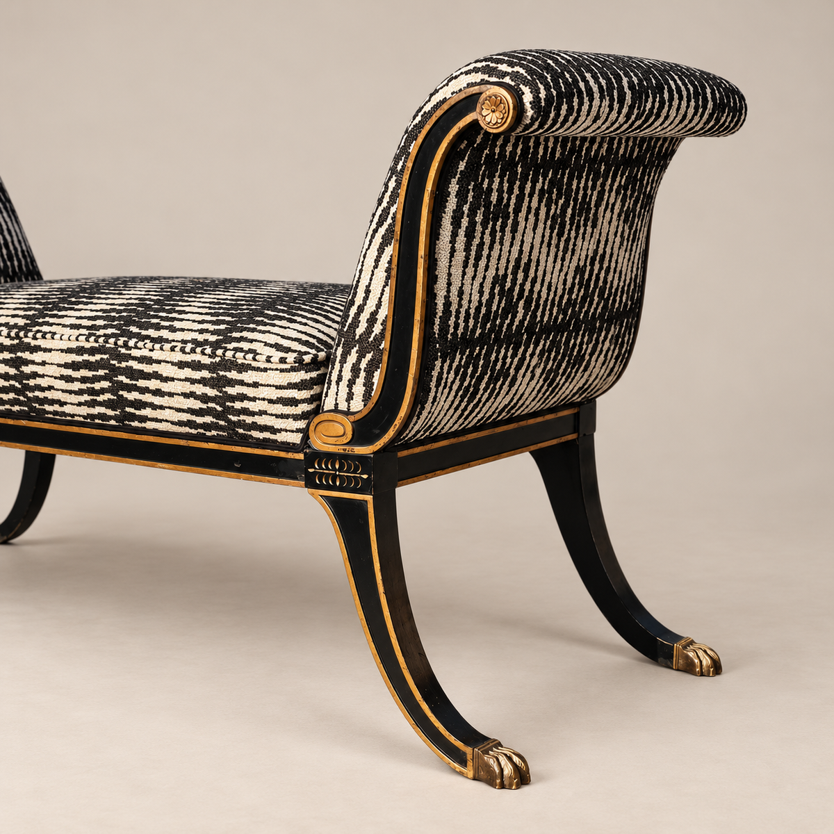 Maison Jansen–Style Neoclassical Ebonized and Gilt Window Settee in Castel Baobab Fabric