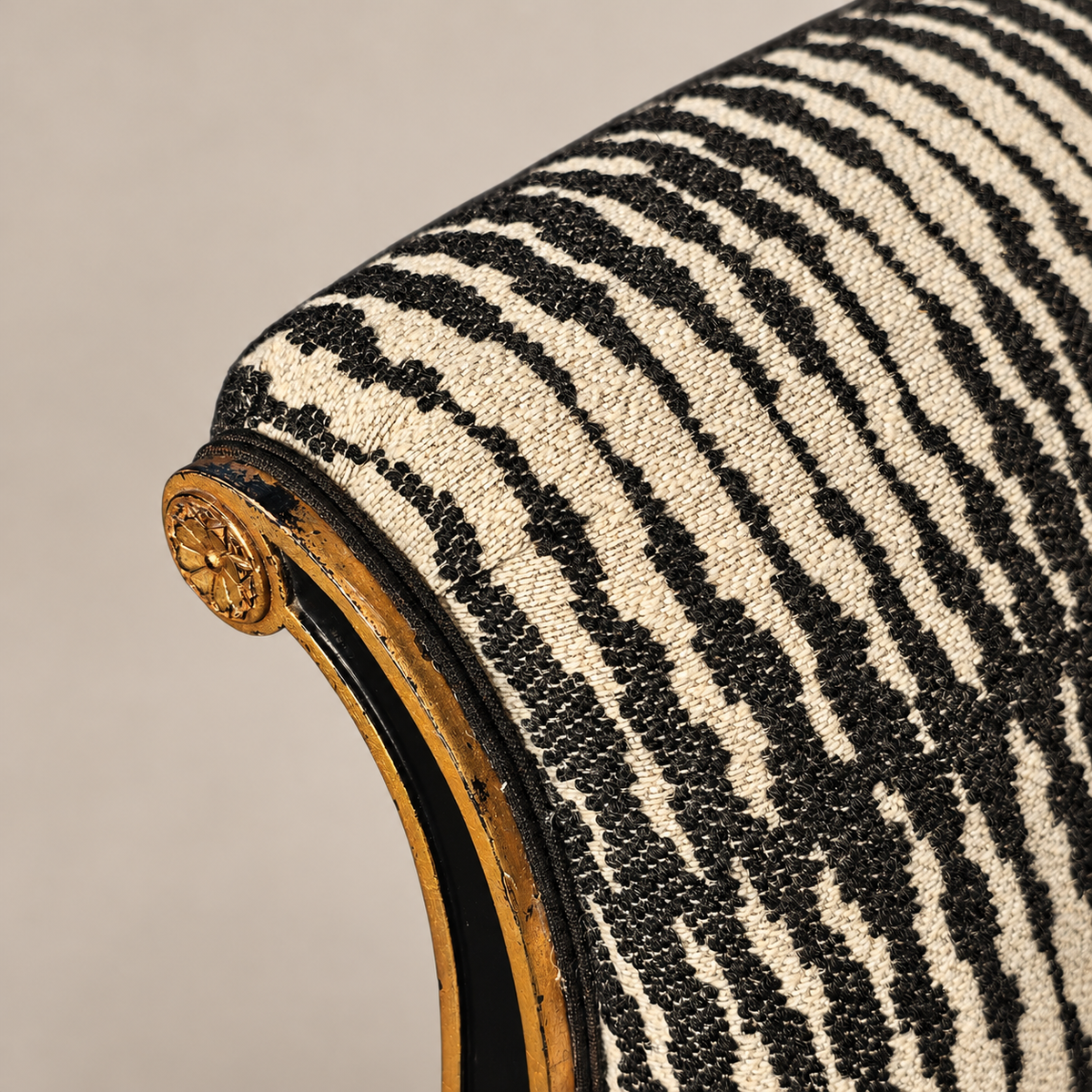 Maison Jansen–Style Neoclassical Ebonized and Gilt Window Settee in Castel Baobab Fabric