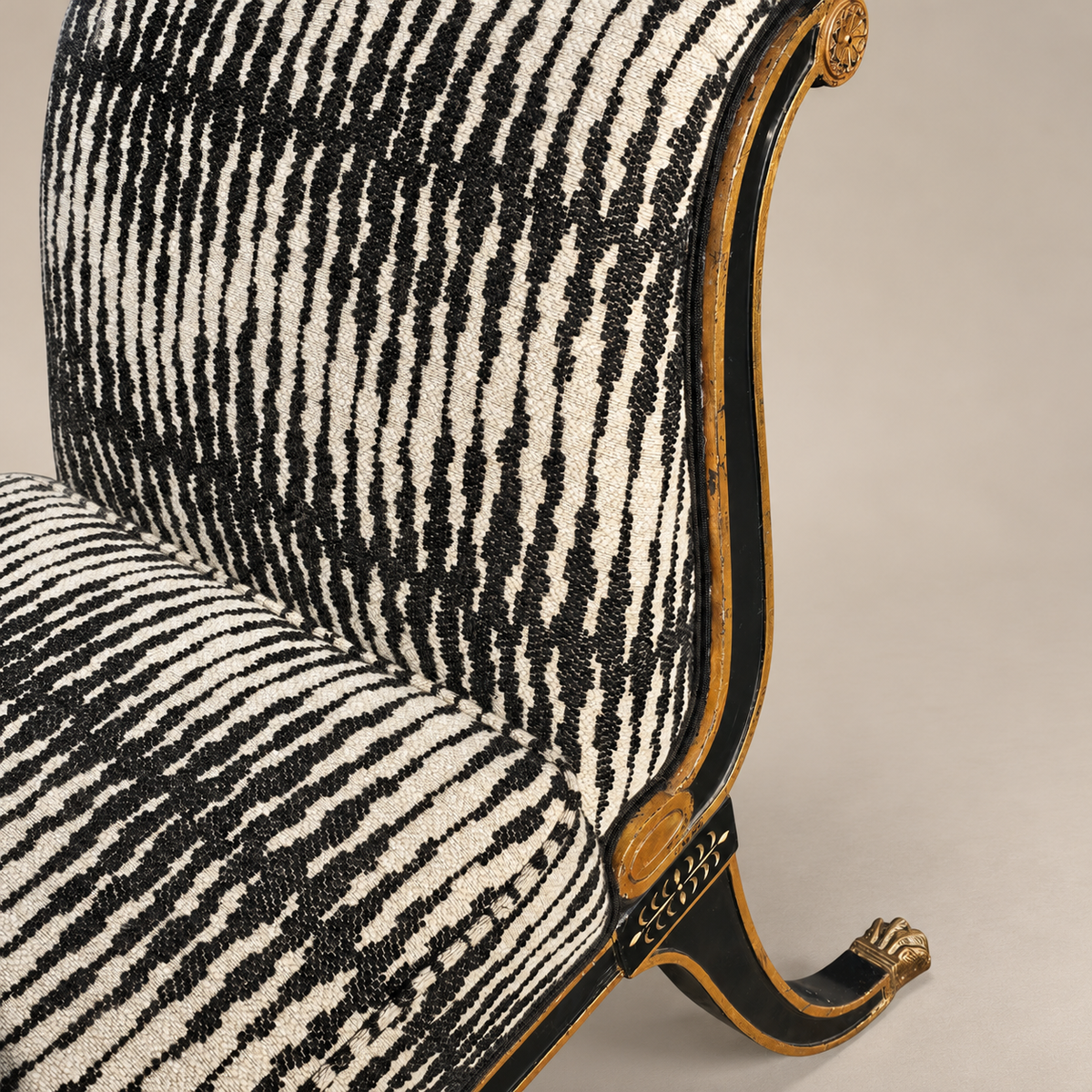 Maison Jansen–Style Neoclassical Ebonized and Gilt Window Settee in Castel Baobab Fabric
